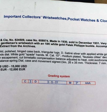 Vinatge Patek auction description