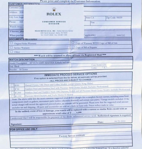 Rolex service estimate